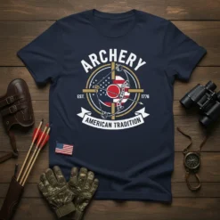 Archery American Tradition t-shirt design with bow, arrows, and USA flag elements