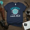 Archery coach MOM t-shirt design featuring a target, bow, arrows, and turquoise text