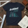 Architect TECT t-shirt with cityscape and compass graphic in teal and white on navy blue fabric
