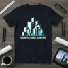 Architecturual Blueprint t-shirt design with a modern city skyline graphic in white and teal on a dark navy shirt