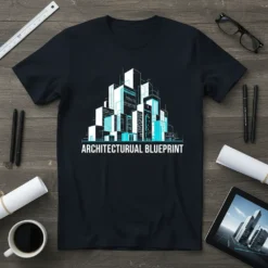 Architecturual Blueprint t-shirt design with a modern city skyline graphic in white and teal on a dark navy shirt