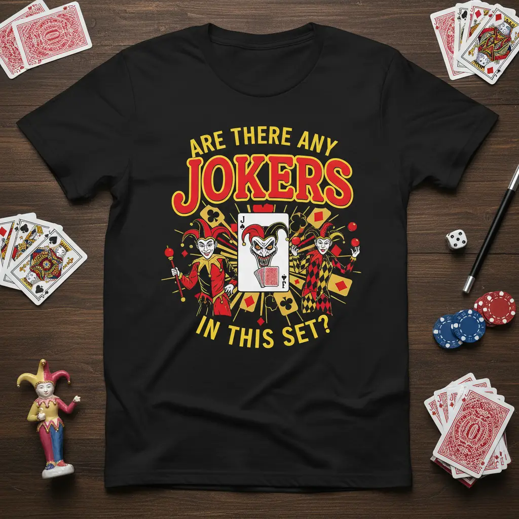Are There Any Jokers In This Set? quote on a t-shirt with jesters and playing cards graphic