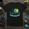 Black t-shirt with the text "are you dashing sure?" in neon blue and a blue and yellow geometric cube character