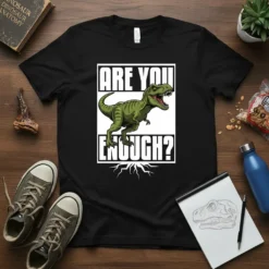 Black t-shirt with "Are You Enough?" text above a green T-Rex graphic