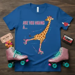 Giraffe wearing roller skates and a bow, with pink and blue lines, and text "ARE YOU HAVING A..." on a