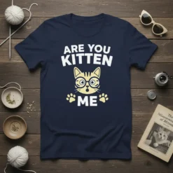 Are You Kitten Me t-shirt with a cute cartoon cat wearing glasses and paws