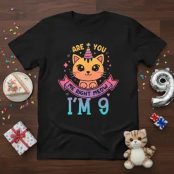 Are You Me Right Meow I'm 9 text with a cute cartoon cat wearing a party hat on a black