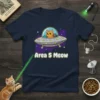 Area 5 Meow text with a cartoon cat in a UFO graphic on a navy t-shirt, space theme