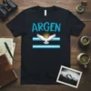 Black t-shirt with "ARGEN" text and the Argentinian flag design featuring a dove and sun