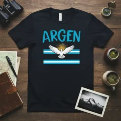 Black t-shirt with "ARGEN" text and the Argentinian flag design featuring a dove and sun