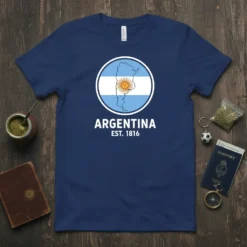 Argentina Est. 1816 t-shirt design with a circular graphic of the Argentina map and flag, white text below