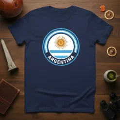 Navy blue t-shirt with a circular design of the Argentina flag, featuring the sun of May and horizontal light blue