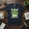 Aries zodiac sign t-shirt with text "Aries Are Born With 200% Battery Life" and ram graphic
