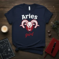 Navy blue t-shirt with "Aries girl" text and a red and white ram graphic, representing the Aries zodiac sign