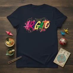 Arigato Japanese thank you text in rainbow colors with cherry blossoms and a torii gate graphic on a navy t-shirt