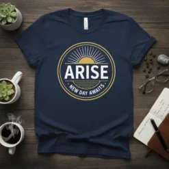 Arise New Day Awaits t-shirt with a circular sunrise graphic in gold and white on a navy blue tee