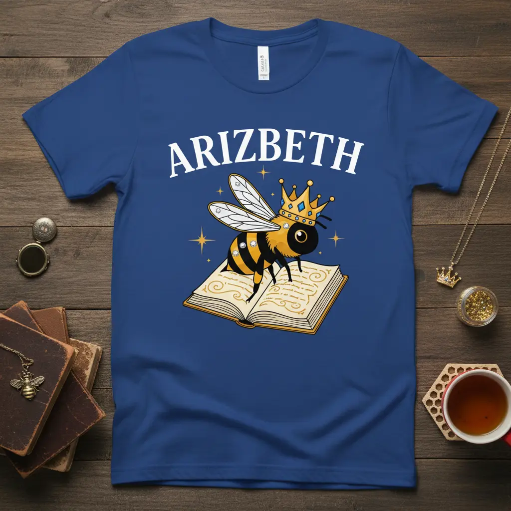 Arizbeth name shirt design with a crowned queen bee on an open book