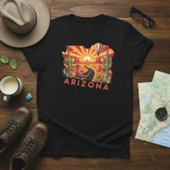 Arizona Desert Road Trip T-Shirt design with desert landscape, cacti, mountains, hot air balloon, and road
