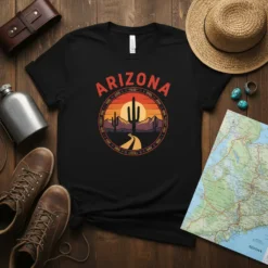 Arizona text graphic with a desert sunset, saguaro cacti, mountains, and a winding road within a circular emblem