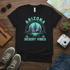 Arizona Desert Vibes retro t-shirt design with sunset, cacti, and mountains