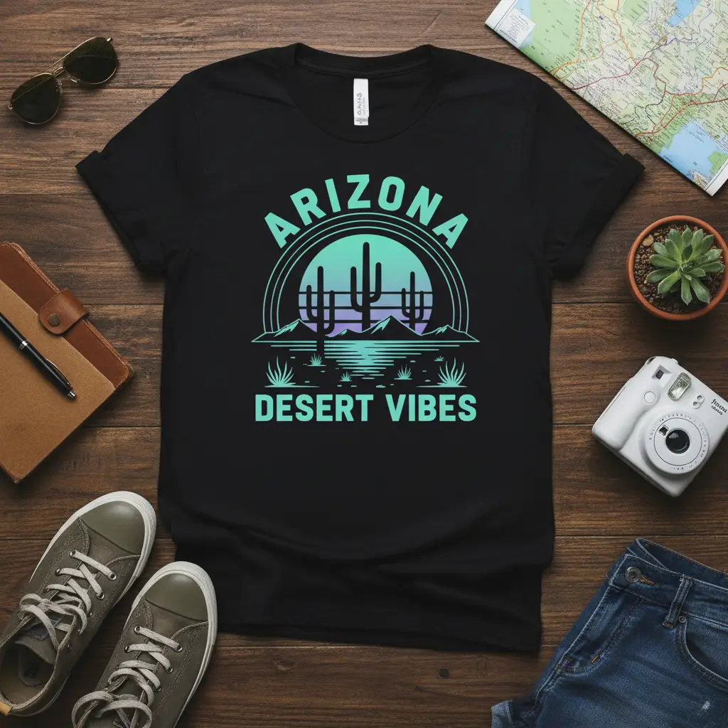 Arizona Desert Vibes graphic tee showcasing a retro sunset with cacti and desert mountains