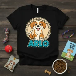 Black t-shirt featuring a cute cartoon dog named Arlo in a decorative circle, with the name Arlo in bold blue