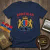 Armenian King t-shirt design featuring bold red and blue text, a shield with lions, and a crown