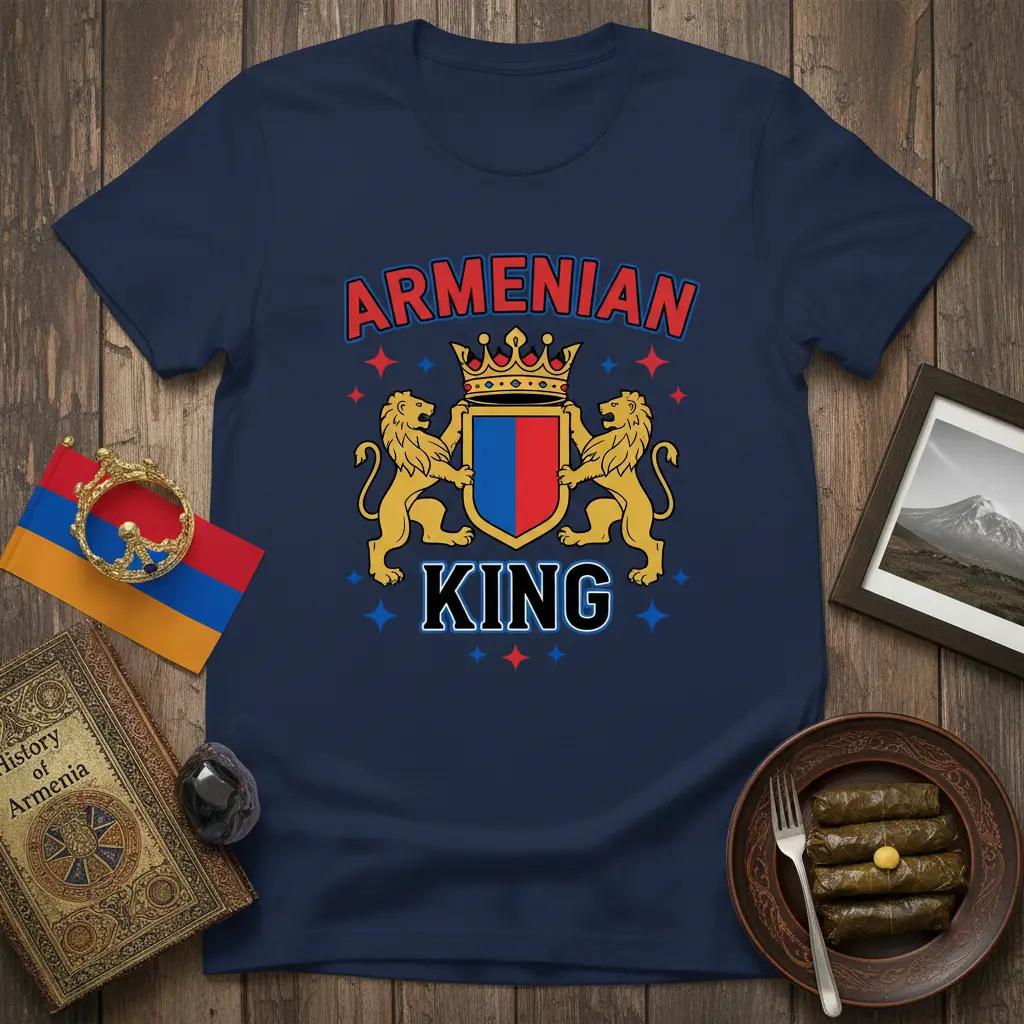 Armenian King design with lions, shield, and crown on a navy t-shirt, representing Armenian pride