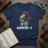 Armor +1 T-Shirt design featuring a knight's helmet and shield with the text ARMOR +1, perfect for Dungeons and Dragons