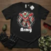Black t-shirt with a cartoon army robot warrior design and the word "Army" in white text
