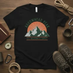 Arrowhead Peak U.S. Wilderness Supply t-shirt with green mountain graphic and sunburst, vintage style