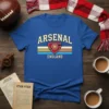Arsenal England text with team crest and retro stripes on a blue t-shirt