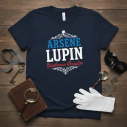 Arsene Lupin Gentleman Burglar text design with decorative elements on a navy blue t-shirt