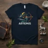Artemis Archer Goddess t-shirt with a woman drawing a bow, crescent moon, and stars in a colorful, graphic style