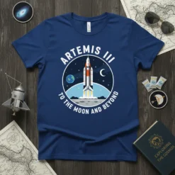 Artemis III To The Moon And Beyond t-shirt with a rocket launching into space, featuring Earth and the moon