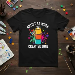 Artist At Work Creative Zone t-shirt design with stacked paint cans and colorful splashes