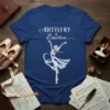 Blue t-shirt with white "Artistry & Emotion" text above a white abstract ballet dancer graphic