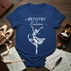 Blue t-shirt with white "Artistry & Emotion" text above a white abstract ballet dancer graphic