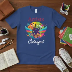 Artists Colorful text with a vibrant circular graphic of paintbrushes and a palette on a blue t-shirt