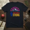 Artsakh Strong t-shirt with mountain graphic and Armenian flag colors, symbolizing resilience and national pride