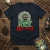 ARZOMBIE t-shirt design featuring a green zombie emerging from a tombstone with red eyes and dripping text