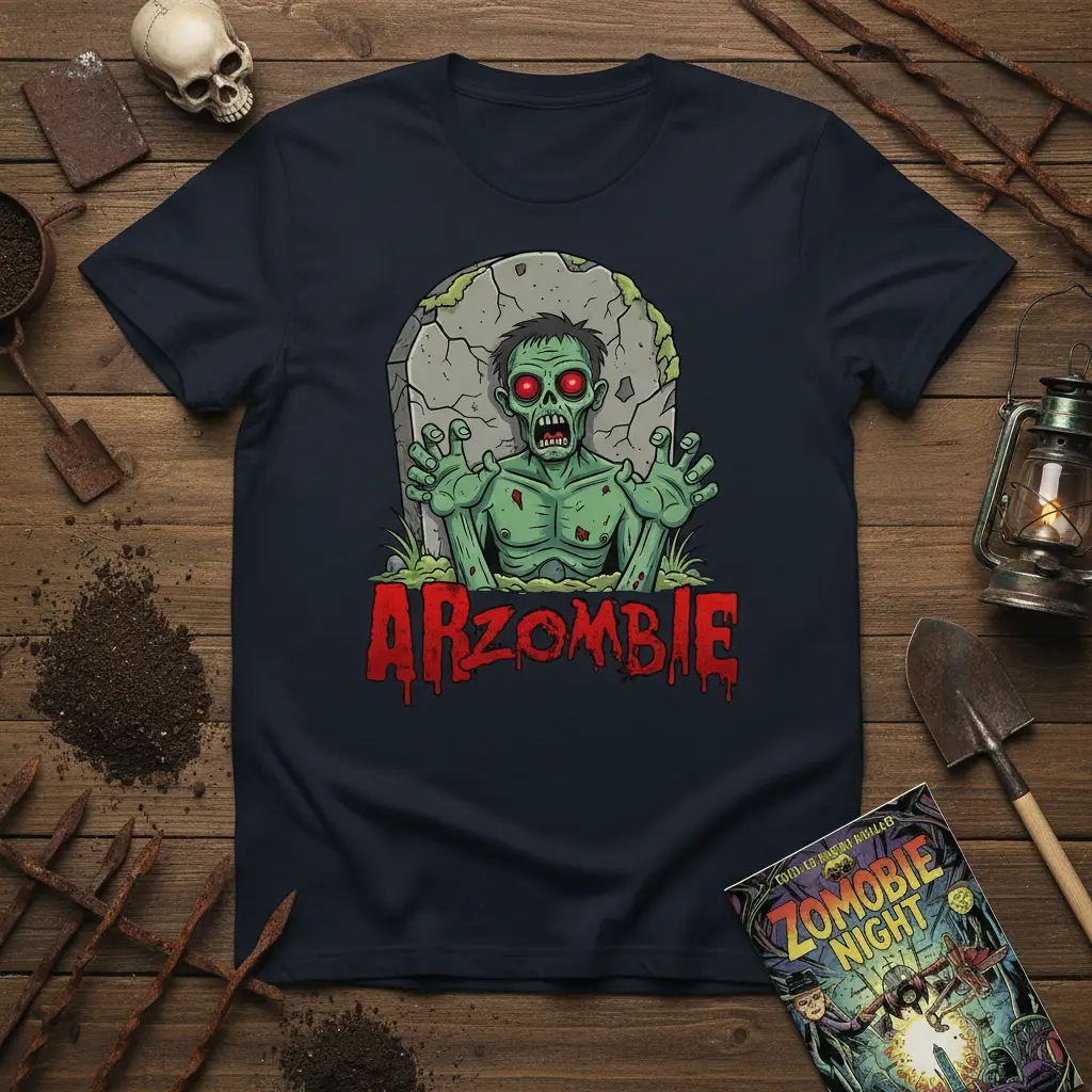 ARZOMBIE zombie graphic t-shirt design with dripping red text emerging from a tombstone