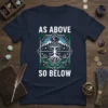 As Above So Below T-Shirt with a white Tree of Life graphic, mountains, moon, and stars