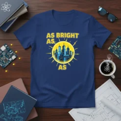 As Bright As As text with a bright yellow sun and blue cityscape graphic on a navy blue t-shirt