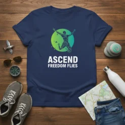 Navy t-shirt with geometric figure jumping inside a green and yellow circle, text reads ASCEND FREEDOM FLIES