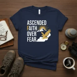 Ascended Faith Over Fear Christian T-Shirt with eagle graphic and mountain sunrise