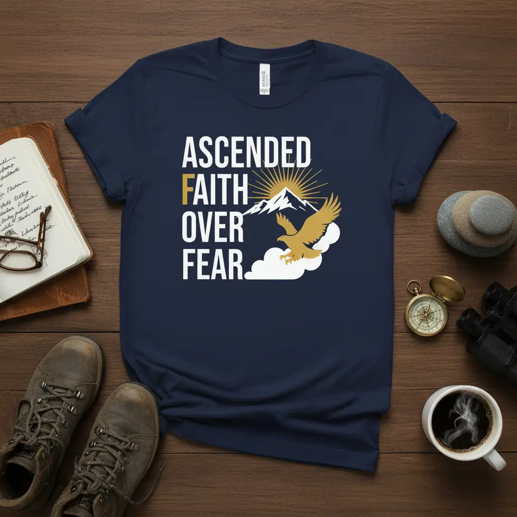 Ascended Faith Over Fear inspirational quote t-shirt design with eagle soaring towards mountain sunrise
