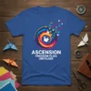 Ascension Freedom Flies Unfolded t-shirt with origami cranes flying out of a colorful spiral design