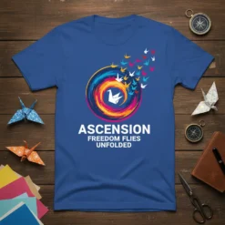 Ascension Freedom Flies Unfolded t-shirt with origami cranes flying out of a colorful spiral design