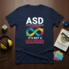 Navy blue t-shirt with "ASD AUTISTIC SPECTRUM CONDITION IT'S NOT A DISORDER" text and a colorful infinity puzzle symbol representing